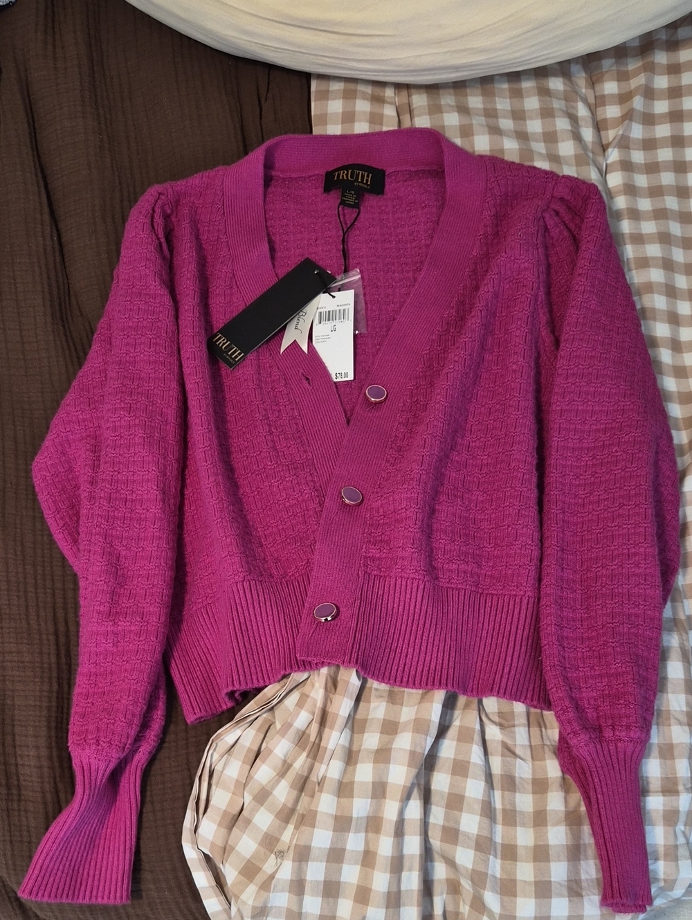 TRUTH Bright Fuchsia Textured V‑Neck Button Cardigan ( New With Tags)